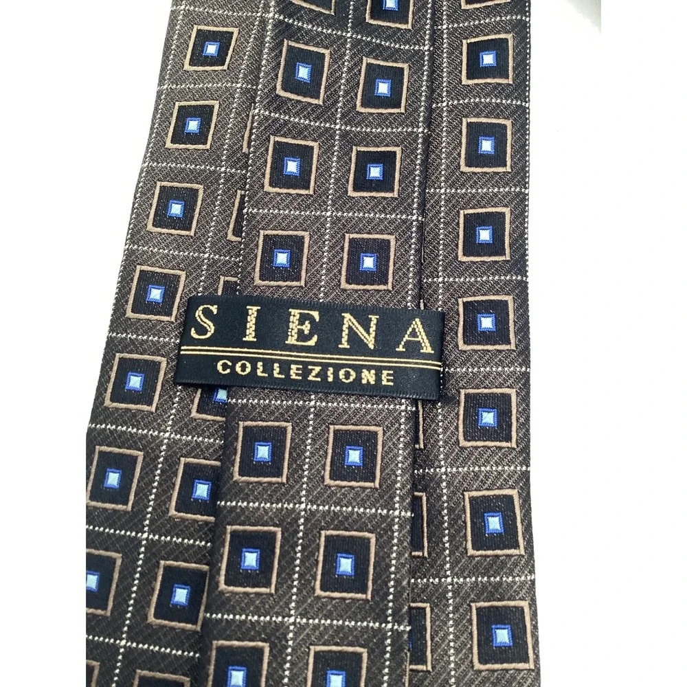 Siena Collezione Mens Silk‎ Necktie Brown Blue Geometric Square Hand Made Tie